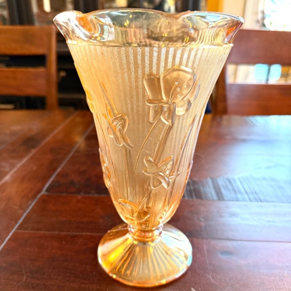 Vintage Carnival Glass Vase Jeanette Iris And Herringbone Marigold Vase